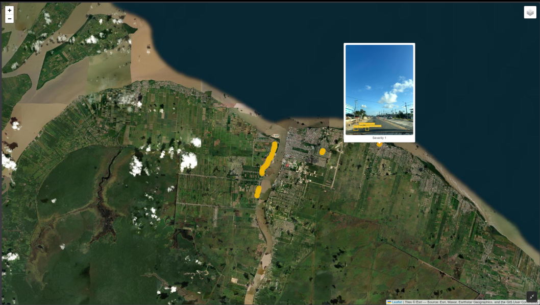Satellite map of road defects geolocated across a survey route